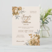 Elegant Script Wedding Gold Floral  Kaart (Staand voorkant)