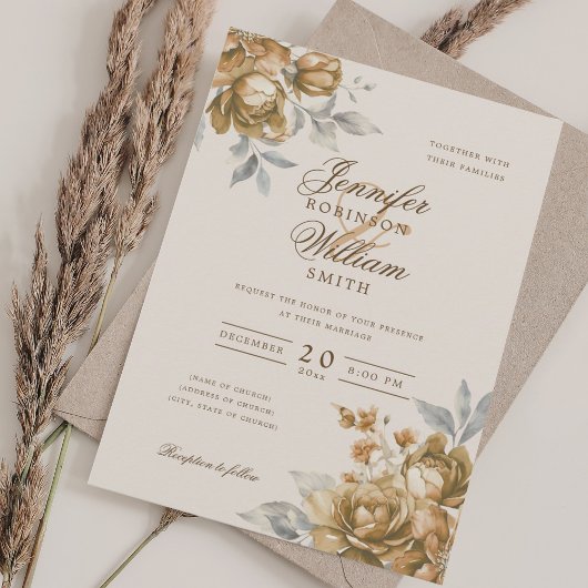 Elegant Script Wedding Gold Floral  Kaart