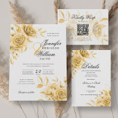 Elegant Script Wedding Gold Floral w / QR RSVP Kaart