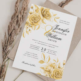 Elegant Script Wedding Gold Floral w / QR RSVP Kaart