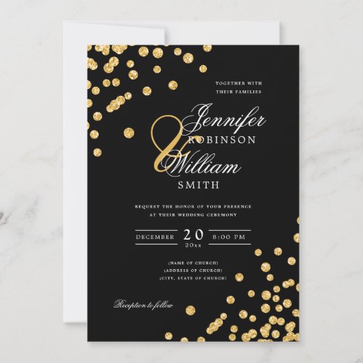 Elegant Script Wedding Gold Glitter Confetti Zwart Kaart (Voorkant)