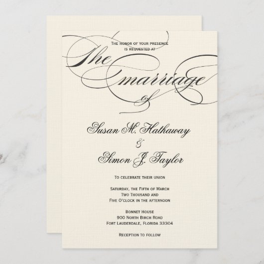 Elegant Script Wedding Invitation - BlackOff White Kaart (Voorkant / Achterkant)