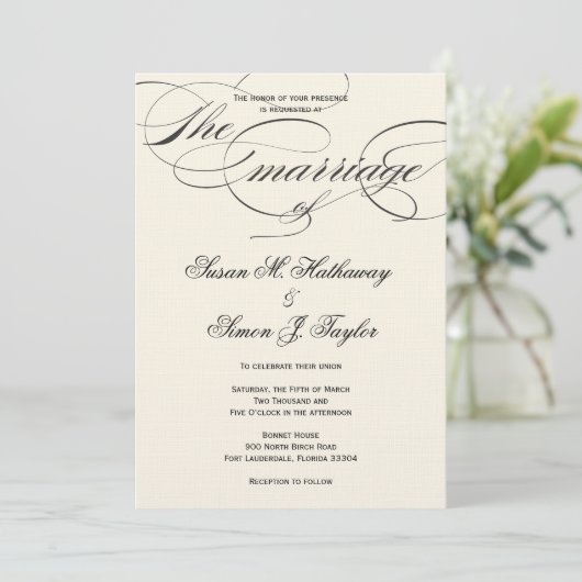 Elegant Script Wedding Invitation - BlackOff White Kaart (Staand voorkant)