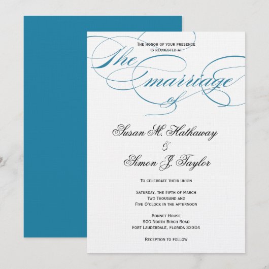 Elegant Script Wedding Invitation - Blauw Kaart (Voorkant / Achterkant)