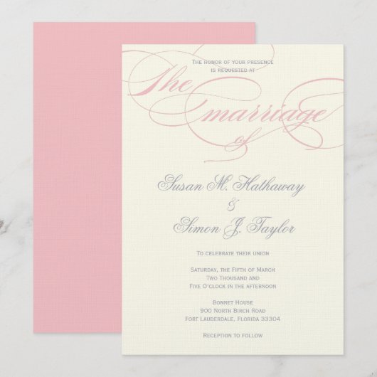 Elegant Script Wedding Invitation - Blush Pink Kaart (Voorkant / Achterkant)