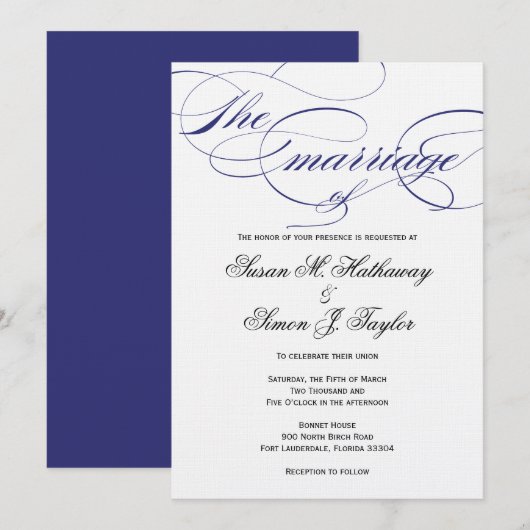 Elegant Script Wedding Invitation - marine Kaart (Voorkant / Achterkant)