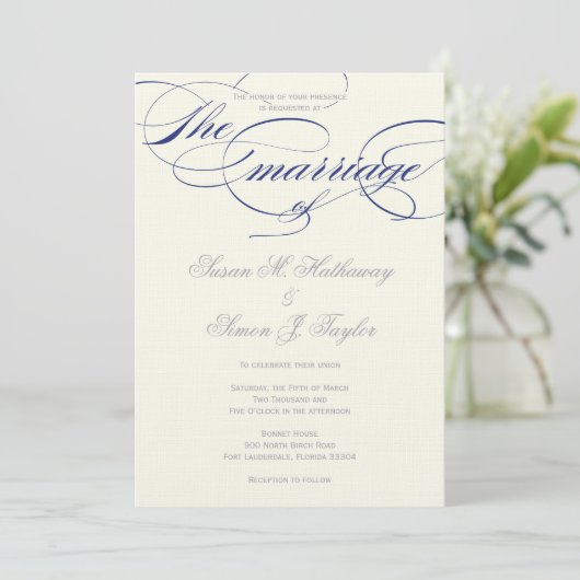 Elegant Script Wedding Invitation - marine Kaart (Staand voorkant)