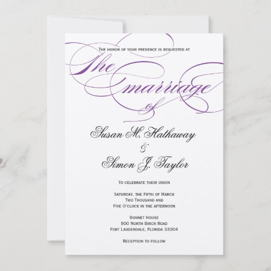 Elegant Script Wedding Invitation - Paars Kaart (Voorkant)