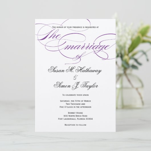Elegant Script Wedding Invitation - Paars Kaart (Staand voorkant)