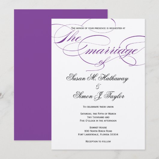 Elegant Script Wedding Invitation - Paars Kaart (Voorkant / Achterkant)