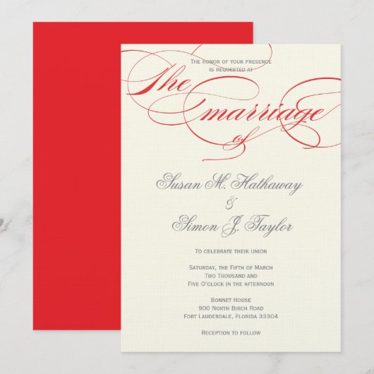 Elegant Script Wedding Invitation - Red Kaart (Voorkant / Achterkant)