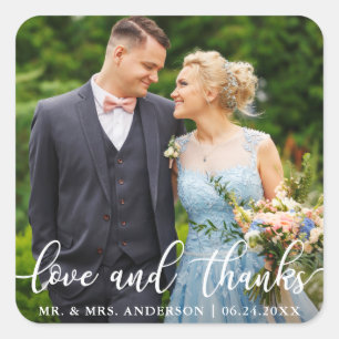 Elegant Script Wedding Love and Bedankt Photo Vierkante Sticker