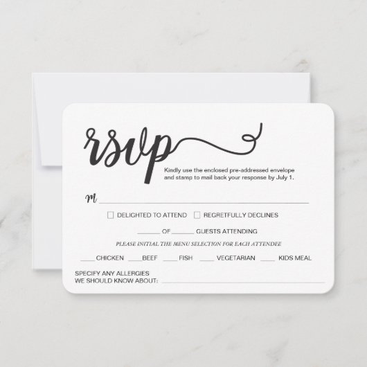 Elegant script Wedding maalt alle allergieën RSVP Kaartje (Voorkant)