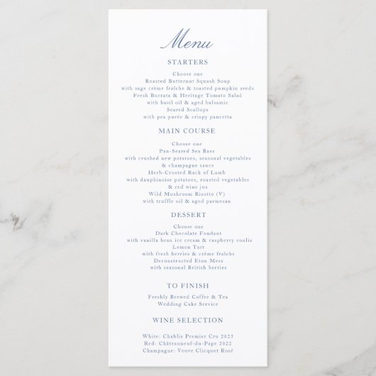 Elegant Script Wedding Menu Blue Toile Swans  (Voorkant)