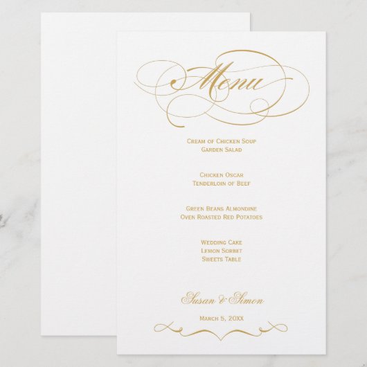 Elegant Script Wedding Menu (Gold) (Voorkant / Achterkant)