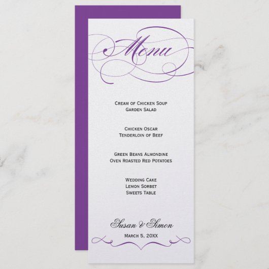 Elegant Script Wedding Menu - Paars (Voorkant / Achterkant)