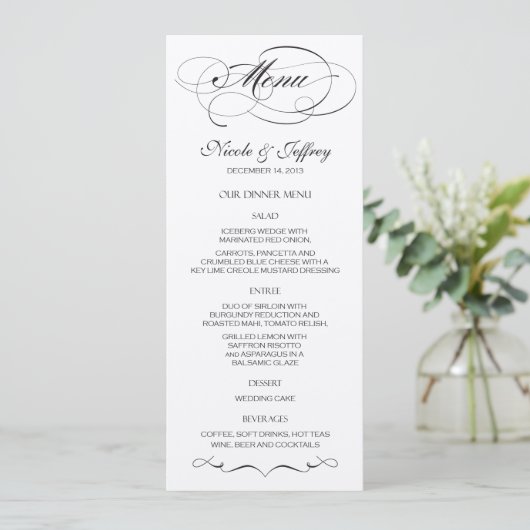 Elegant Script Wedding Menu - Zwart (Staand voorkant)