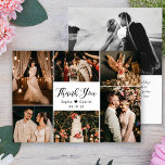 Elegant Script Wedding Multi Photo Collage Bedankkaart<br><div class="desc">Moderne, elegante, handmatige bruiloft multi-foto collage bedankt kaart. Stijlvolle bruiloft bedankt je sjabloon met zes (6) foto aan de voorkant en één (1) foto aan de achterkant. Met de tekst "dank u"in een cirkelvormig handgeschreven lettertype van het calligrafische manuscript in zwarte op witte kleurenachtergrond. Personaliseer jouw naam en dank u...</div>