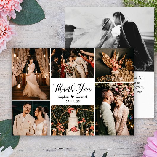 Elegant Script Wedding Multi Photo Collage Bedankkaart