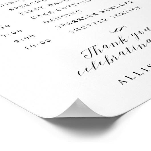 Elegant Script Wedding Order of Events Sign Poster (Hoek)