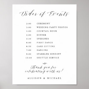 Elegant Script Wedding Order of Events Sign Poster
