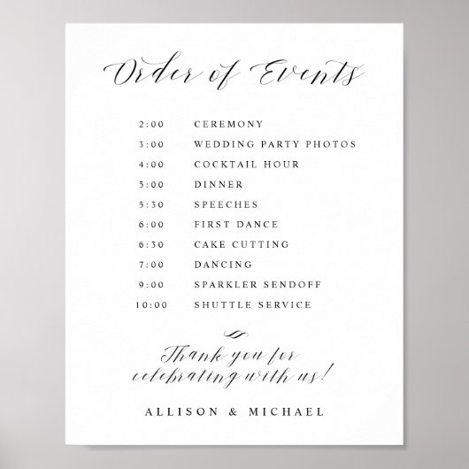 Elegant Script Wedding Order of Events Sign Poster (Voorkant)