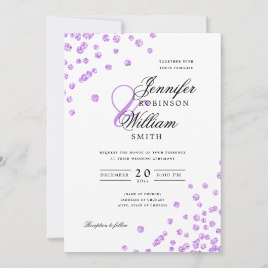 Elegant Script Wedding Paarse Confetti QR RSVP Kaart (Voorkant)