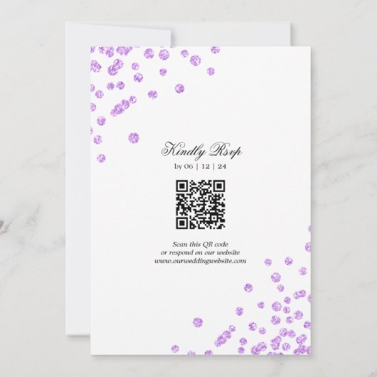 Elegant Script Wedding Paarse Confetti QR RSVP Kaart (Achterkant)