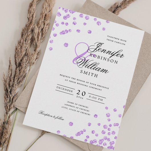 Elegant Script Wedding Paarse Confetti QR RSVP Kaart