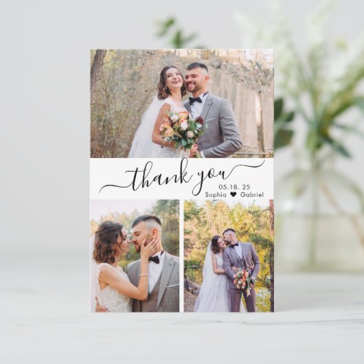 Elegant Script Wedding Photo Collage Bedankkaart (Staand voorkant)