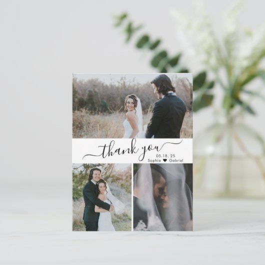 Elegant Script Wedding Photo Collage Hartelijk dan Briefkaart (Staand voorkant)