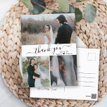 Elegant Script Wedding Photo Collage Hartelijk dan Briefkaart<br><div class="desc">Moderne, elegante, minimalistische handfoto van bruiloft Collage Dank je wel. Stijlvolle bruiloft bedankt je briefkaart sjabloon met drie (3) foto aan de voorkant en één (1) foto aan de achterkant. Met de tekst "dank u"in een cirkelvormig handgeschreven typografische manuscriptdoopvont in zwarte op witte achtergrond. Pas de douanenaam aan en dank...</div>
