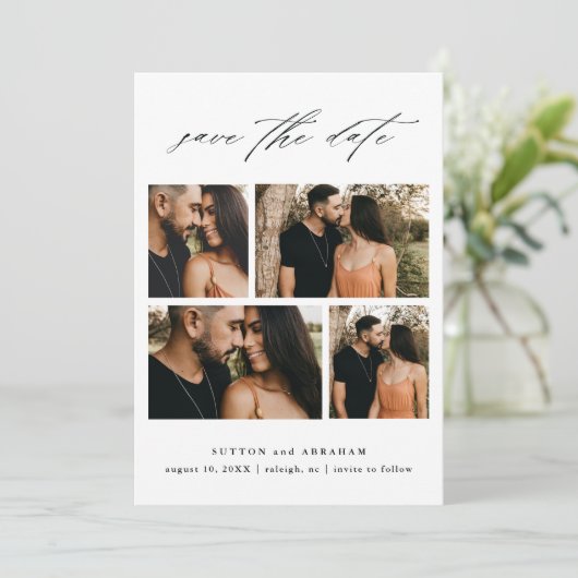 Elegant Script Wedding Photo Collage Save The Date (Staand voorkant)