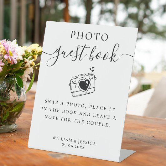 Elegant Script Wedding Photo Gastenboek Reclamebord Met Voetstuk