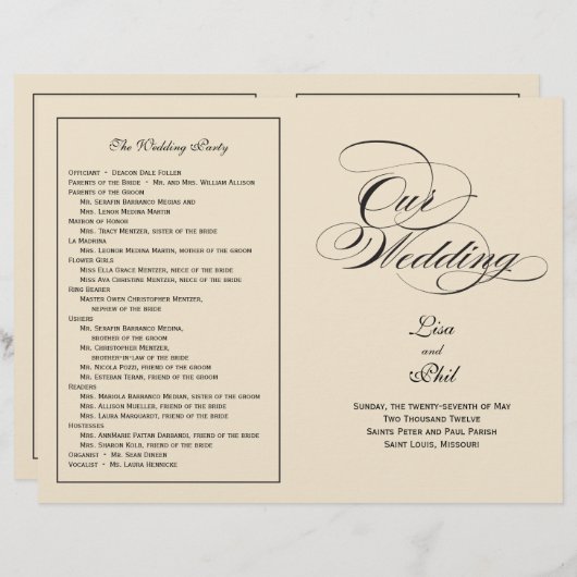 Elegant Script Wedding Program - Black & Off White (Voorkant / Achterkant)