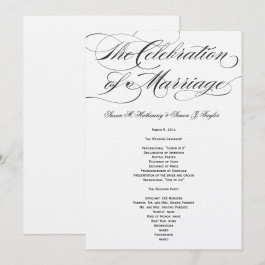 Elegant Script Wedding Program - Black Programmakaart (Voorkant / Achterkant)