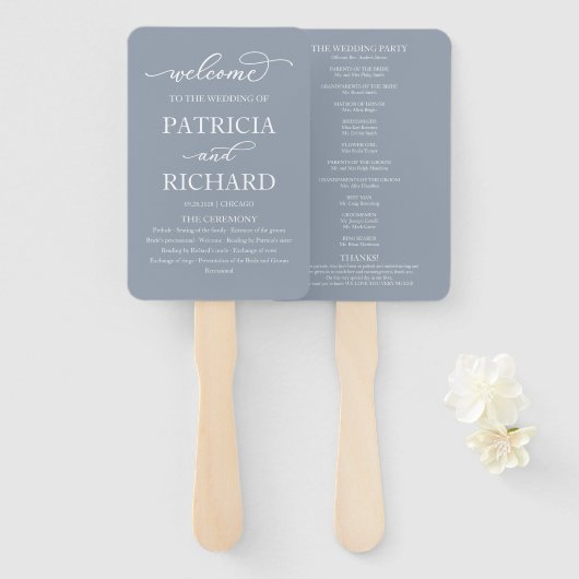 Elegant Script Wedding Program Dusty Blue Handwaaier (Voorkant en achterkant)