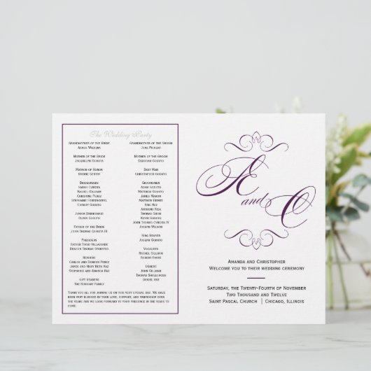 Elegant Script Wedding Program - Eggplant Paars (Staand voorkant)