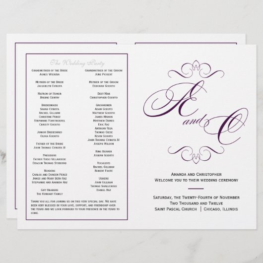 Elegant Script Wedding Program - Eggplant Paars (Voorkant / Achterkant)