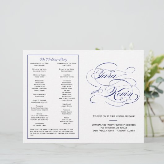 Elegant Script Wedding Program - Navy (Staand voorkant)