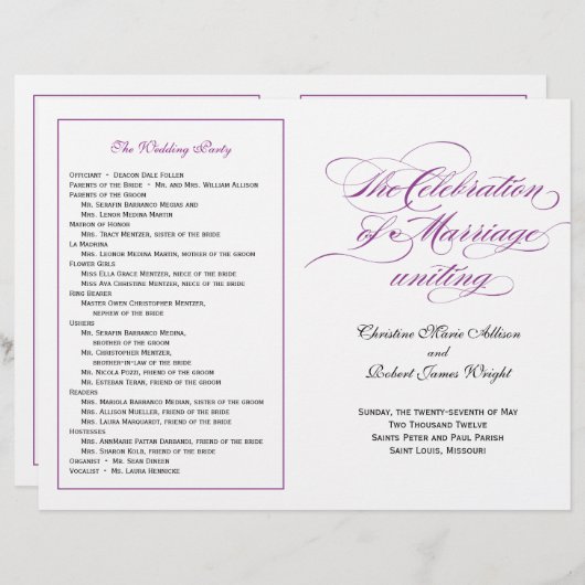 Elegant Script Wedding Program - Paars (Voorkant / Achterkant)