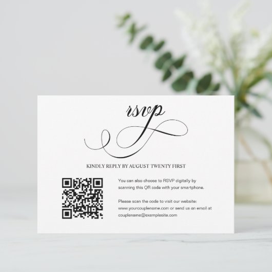 Elegant Script Wedding QR Code Foto RSVP Card (Staand voorkant)