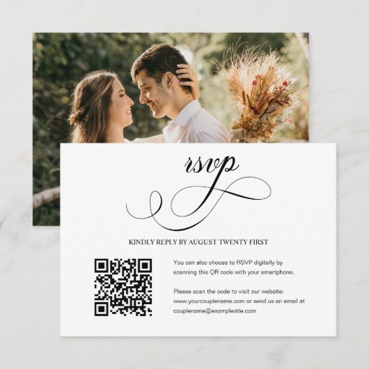 Elegant Script Wedding QR Code Foto RSVP Card Kaartje (Voorkant / Achterkant)