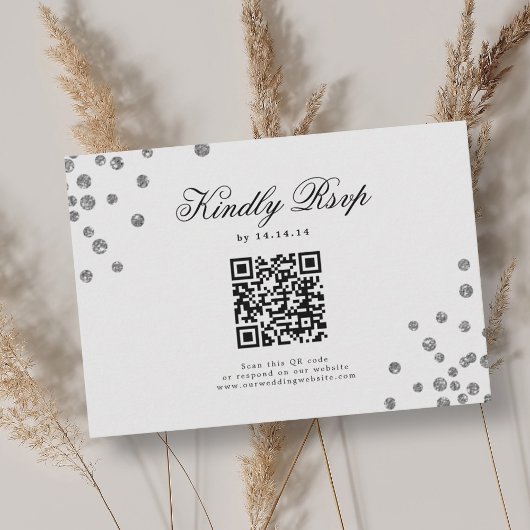 Elegant Script Wedding QR RSVP Silver Confetti Kaartje
