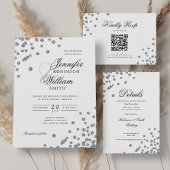 Elegant Script Wedding QR RSVP Silver Confetti Kaartje
