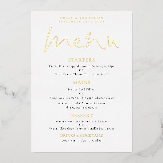 Elegant Script Wedding Real Folie Menu Kaart (Voorkant)