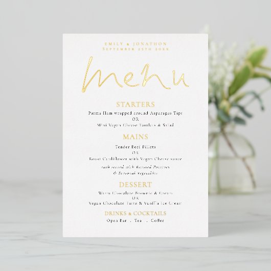 Elegant Script Wedding Real Folie Menu Kaart (Staand Voorkant)