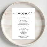 Elegant Script Wedding Reception Menu<br><div class="desc">Elegant huwelijksreceptie diner menu met "menu" in een chique kalligrafie script met swashes,  uw aangepaste menu in eenvoudige typografie,  uw voornamen verbonden door een hart en uw ontvangstdatum.</div>