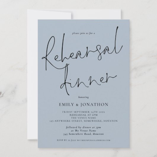 Elegant Script Wedding Rehearsal Dinner Dusty Blue Kaart (Voorkant)