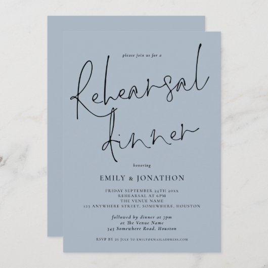 Elegant Script Wedding Rehearsal Dinner Dusty Blue Kaart (Voorkant / Achterkant)